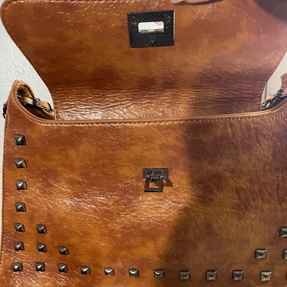 Studded Tan Leather Shoulder Bag - Picture 6 of 12